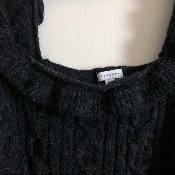Topshop Cable Knit Open Back Ruffle Square Neck Long Sleeve Gray Sweater - Picture 5 of 8